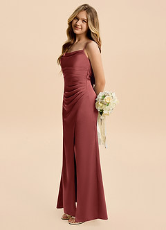 Azazie Minnie Junior Terracotta Sheath Ruched Stretch Satin Dress image3