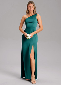 Azazie Feby Bridesmaid Dresses Peacock A-Line One Shoulder Stretch Satin Dress image1
