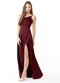 Azazie Naomie Bridesmaid Dresses Cabernet A-Line Cowl Neckline Side Slit Stretch Satin Dress image4