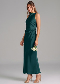 Azazie Evadne Vestidos de damas de honor Vestido de Pino de Satén Elástico de Corte Recto con Plisado image1