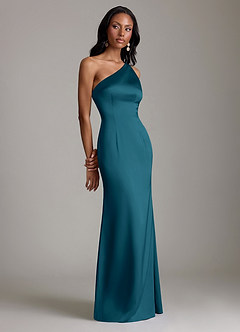 Azazie Voni Bridesmaid Dresses Ink Blue Mermaid One Shoulder Stretch Satin Dress image1