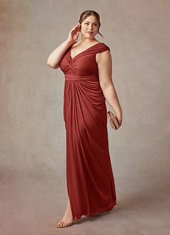 Azazie Lisolette Mother of the Bride Dresses Terracotta Sheath Pleated Mesh Dress image11