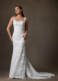 Azazie Amara Wedding Dresses Diamond White Mermaid Square Neckline Lace Dress image5