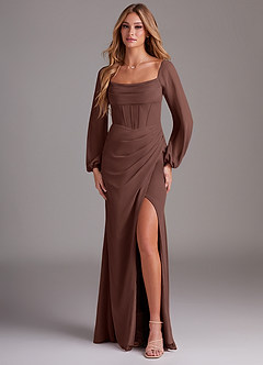 Azazie Charissa Bridesmaid Dresses Espresso Sheath Long Sleeve Chiffon Dress image1