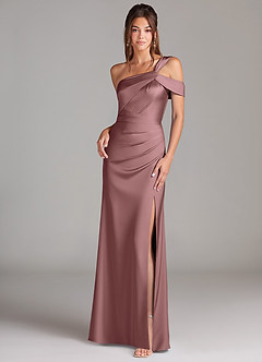 Azazie Wynter Bridesmaid Dresses Vintage Mauve Sheath Off the Shoulder Stretch Satin Dress image1