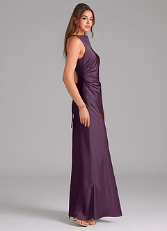 Azazie Evadne Bridesmaid Dresses Plum Sheath Pleated Stretch Satin Dress image4
