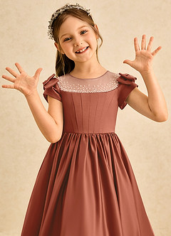 Azazie Toffee Blumenmädchenkleider Ballkleid Schleifen Matte Satin Kleid Rotbraun image6