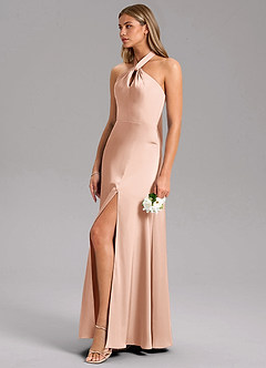 Azazie Tracie Bridesmaid Dresses Rose Gold A-Line Side Slit Stretch Satin Dress image6