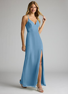 Azazie Becca Bridesmaid Dresses Steel Blue Sheath V-Neck Chiffon Dress image2