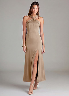 Azazie Rue Bridesmaid Dresses Taupe Mermaid Pleated Stretch Satin Dress image3