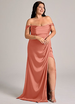 Azazie Johana Robes de demoiselle d'honneur Robe Sirène Convertible en Satin extensible Épaule décolletée Rose Saumon image11