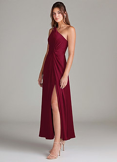 Azazie Brooke Bridesmaid Dresses Burgundy A-Line One Shoulder Stretch Satin Dress image5