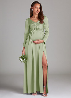 Azazie Teton Schlussverkauf A-Linie Langarm Stretch-Satin Bodenlänge Kleid image1