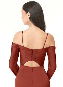 Azazie Hallie Bridesmaid Dresses Terracotta Sheath Off-The-Shoulder Long Sleeve Stretch Satin Convertible Dress image8