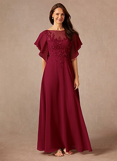 Azazie Faviola vestidos de madre de la novia Vestido de Borgoña de Gasa de Corte En A con Cuello barco lentejuelas image3
