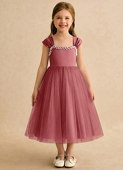 Azazie Yosemite Robe Demoiselle D'honneur Fillette Robe Princesse en Tulle Encolure en Forme de Cœur Antique Rose image3