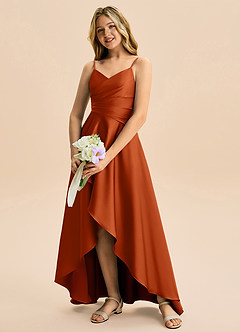 Azazie Eirlys Junior Abito A-Line in Raso Elasticizzato Plissettato Arancia Bruciata image4