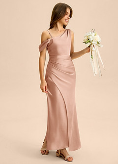 Azazie Madelyn Junior Osłona Zza ramienia Satyna elastyczna Długość podłogi Młodsza druhna Sukienka image6