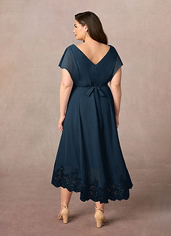 Azazie Palana At-home Try On Dresses Dusty Blue A-Line Lace Chiffon Dress image10