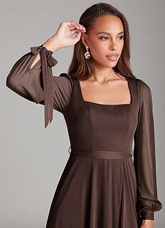 Azazie Leonia Bridesmaid Dresses Ganache A-Line Long Sleeve Mesh Dress image5