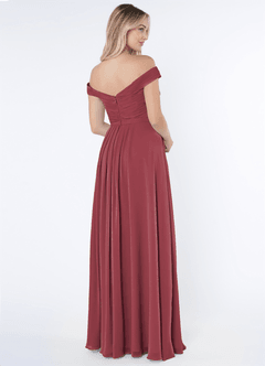 Azazie Audrianna At-home Try On Dresses Burgundy A-Line Off-The-Shoulder Gathered Chiffon Convertible Dress image4