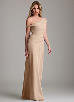 Azazie Emerson Bridesmaid Dresses Taupe Sheath Off the Shoulder Chiffon Dress image5
