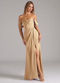 Azazie Johana Robes de demoiselle d'honneur Robe Sirène Convertible en Satin extensible Épaule décolletée Champagne image1