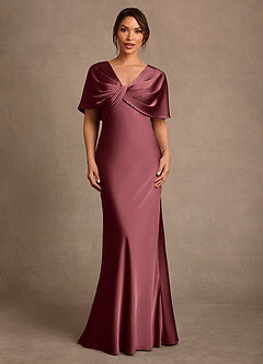 Azazie Dosia Mother of the Bride Dresses Merlot Sheath Pleated Stretch Satin Dress image1
