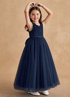 Azazie Cinna Flower Girl Dresses Dark Navy A-Line Lace Tulle Dress image3
