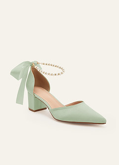 front Matching Color Matte Satin Pearl and Bow Pointed Toe Block Heels