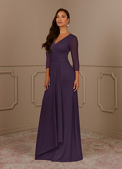 Azazie Annetta Mother of the Bride Dresses Plum A-Line V-Neck Pleated Mesh Dress image2