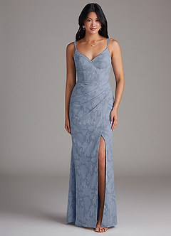 Azazie Leo Bridesmaid Dresses Dusty Blue Sheath Pleated Floral Burnout Dress image1
