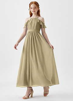 Azazie Chaya Junior Moss Green A-Line Off the Shoulder Chiffon Dress image5