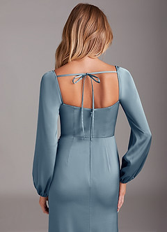 Azazie Charissa At-home Try On Dresses Dusty Blue Sheath Long Sleeve Stretch Satin Dress image2