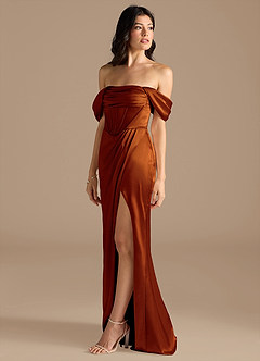 Azazie Lynden Bridesmaid Dresses Auburn Sheath Off the Shoulder Metallic Satin Convertible Dress image7