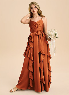 Azazie Peyton Junior Vestido de Canela de Satén Elástico de Corte en A con Plisado image3