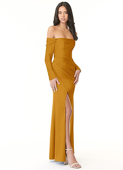 Azazie Hallie Vestidos de damas de honor Vestido de Caramelo de Satén Elástico de Corte Recto Convertible con Manga larga con hombros descubiertos image5