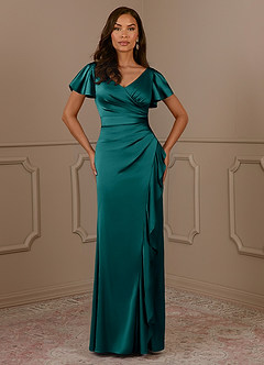 Azazie Roya Mother of the Bride Dresses Peacock Mermaid V-Neck Pleated Stretch Satin Dress image2