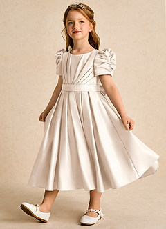 Azazie Miriam Flower Girl Dresses White Alabaster Ball-Gown Pleated Matte Satin Dress image3
