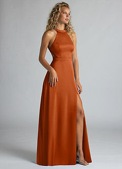 Azazie Clarice Brautjungfernkleider A-Linie Hoher Kragen Stretch-Satin Kleid Gebranntes Orange image2