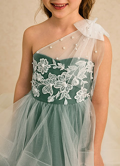 Azazie Zoey vestidos de niña de las flores Vestido Verde Oscuro de Tul de Corte Princesa con Encaje image6