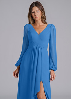 Azazie Omari Bridesmaid Dresses Blue Jay A-Line Long Sleeve Chiffon Dress image7