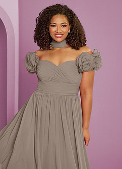 Barbie ♥ Azazie Robes de demoiselle d'honneur Robe Trapèze Convertible en Mousseline de soie Épaule décolletée Taupe image20