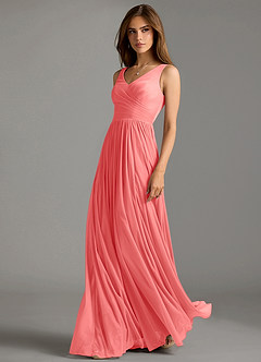 Azazie Keyla Bridesmaid Dresses Coral A-Line Pleated Mesh Dress image1
