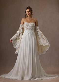 Azazie Rhya Vestidos de novia Vestido de Blanco Diamante Nude de Encaje de Corte en A con Vestidos sin tirantes image9