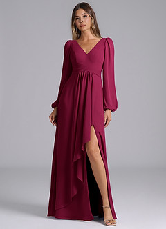 Azazie Liah Bridesmaid Dresses Burgundy A-Line Long Sleeve Chiffon Dress image1