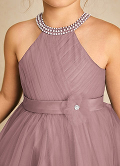 Azazie Honey Flower Girl Dresses Dusty Rose A-Line Beaded Matte Satin Dress image6