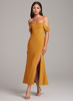 Azazie Saige Bridesmaid Dresses Butterscotch Sheath Off the Shoulder Chiffon Convertible Dress image3