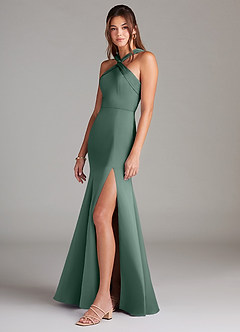 Azazie Rue Bridesmaid Dresses Eucalyptus A-Line Pleated Stretch Satin Dress image5