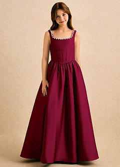 Azazie Enid Girls Formal Blomsterpigekjoler A-Line Perlebesat Stræk satin Gulv-længde Kjole image5
